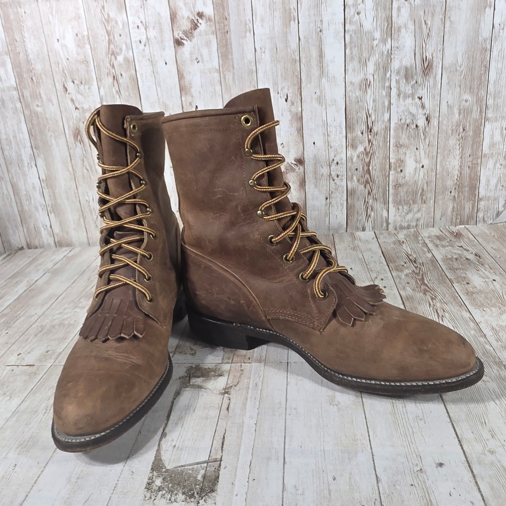 Justin L0575 Womens Brown Leather Lace Up Kiltie Western Boots Made in USA 8.5 B - Picture 5 of 8